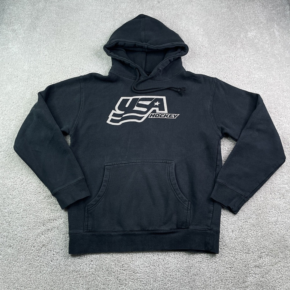 USA Hockey Hoodie Mens Small Black Pullover Logo Graphic Olympics Sweatshirt